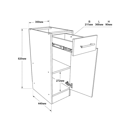 Modul de bucătărie Eco bottom 300, 1 sertar, Alb, Stejar kraft alb, Grafit