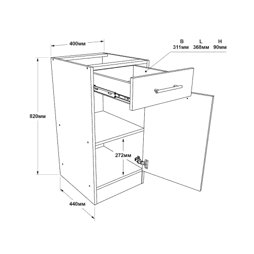 Modul de bucătărie Eco bottom 400, 1 sertar, Alb, Stejar kraft alb, Grafit
