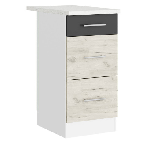 Modul de bucătărie Eco bottom cu 3 sertare și blat 400, Alb, Stejar kraft alb, Grafit