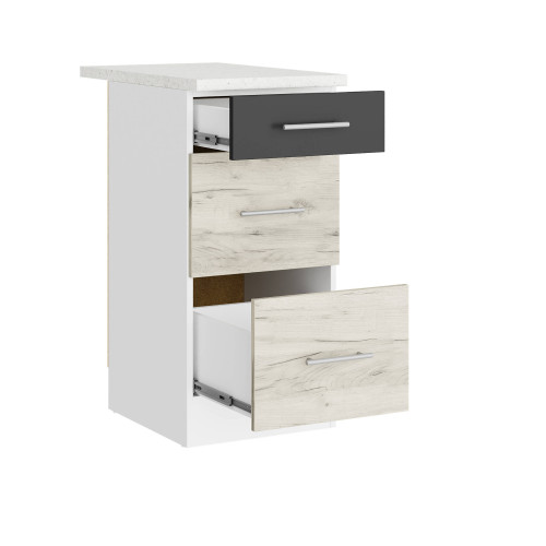 Modul de bucătărie Eco bottom cu 3 sertare și blat 400, Alb, Stejar kraft alb, Grafit