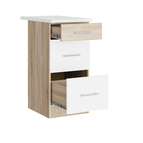 Modul de bucătărie Eco bottom cu 3 sertare și blat 400, Stejar sonoma, Alb