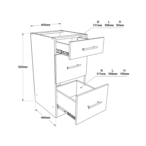 Modul de bucătărie Eco bottom cu 3 sertare și blat 400, Alb, Stejar kraft alb, Grafit