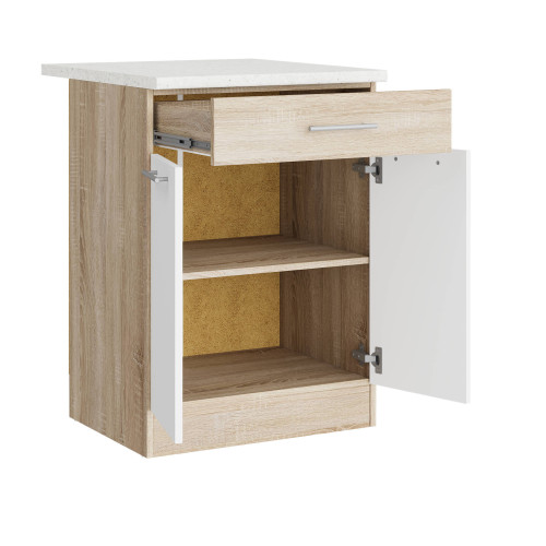 Modul de bucătărie Eco 1 sertar inferior cu blat 600, Stejar sonoma, Alb
