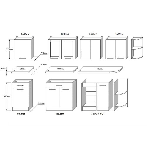 Set mobilier bucatarie ECO № 1, 10 usi, 2 sertar, 250/118х198х60 cm, Alb, Stejar kraft alb, Grafit