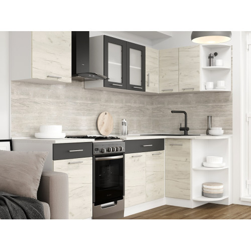 Set mobilier bucatarie ECO № 1, 10 usi, 2 sertar, 250/118х198х60 cm, Alb, Stejar kraft alb, Grafit