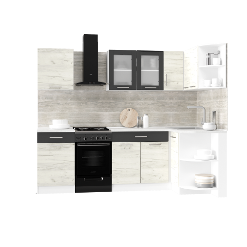 Set mobilier bucatarie ECO № 1, 10 usi, 2 sertar, 250/118х198х60 cm, Alb, Stejar kraft alb, Grafit