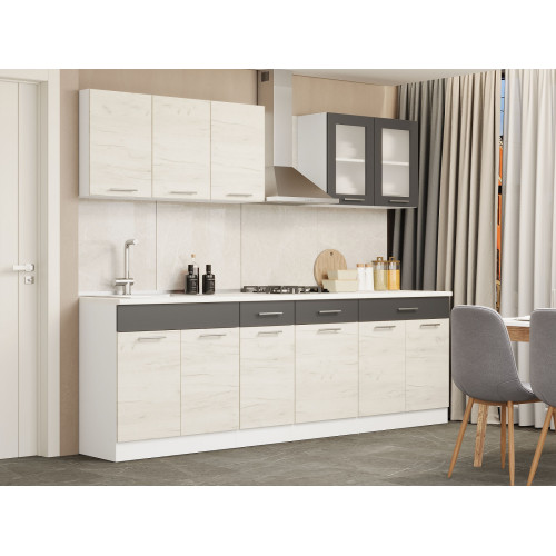 Set mobilier bucatarie ECO № 10, 11 usi, 3 sertar, 250х198х60 cm, Alb, Stejar kraft alb, Grafit