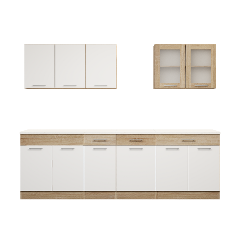 Set mobilier bucatarie ECO № 10, 11 usi, 3 sertar, 250х198х60 cm, Stejar Sonoma, Alb