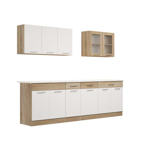 Set mobilier bucatarie ECO № 10, 11 usi, 3 sertar, 250х198х60 cm, Stejar Sonoma, Alb