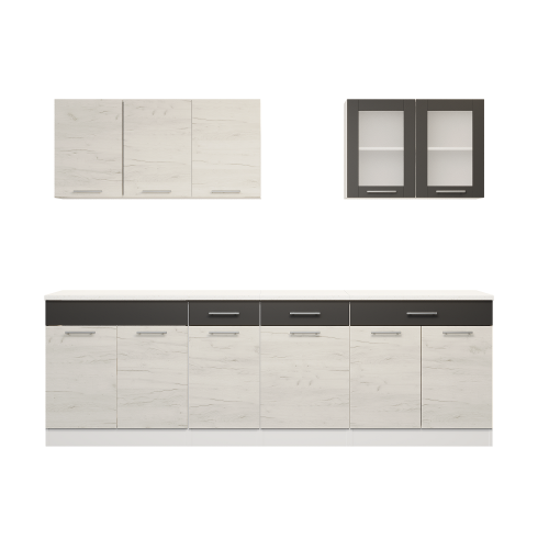 Set mobilier bucatarie ECO № 10, 11 usi, 3 sertar, 250х198х60 cm, Alb, Stejar kraft alb, Grafit