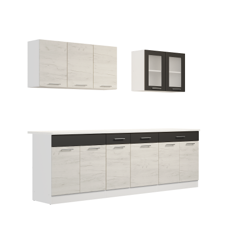 Set mobilier bucatarie ECO № 10, 11 usi, 3 sertar, 250х198х60 cm, Alb, Stejar kraft alb, Grafit