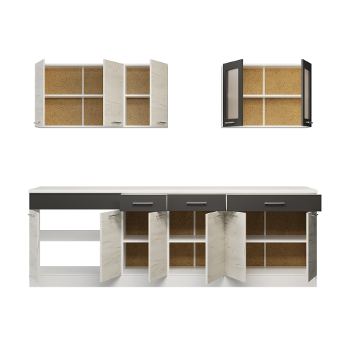 Set mobilier bucatarie ECO № 10, 11 usi, 3 sertar, 250х198х60 cm, Alb, Stejar kraft alb, Grafit
