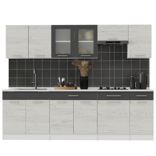 Set mobilier bucatarie ECO № 11, 12 usi, 3 sertar, 250х198х60 cm, Alb, Stejar kraft alb, Grafit