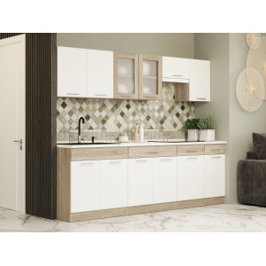 Set mobilier bucatarie ECO № 11, 12 usi, 3 sertar, 250х198х60 cm, Stejar Sonoma, Alb