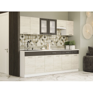 Set mobilier bucatarie ECO № 11, 12 usi, 3 sertar, 250х198х60 cm, Alb, Stejar kraft alb, Grafit