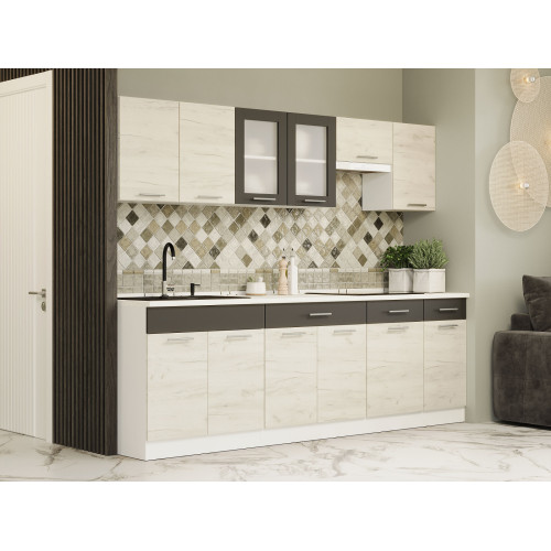 Set mobilier bucatarie ECO № 11, 12 usi, 3 sertar, 250х198х60 cm, Alb, Stejar kraft alb, Grafit