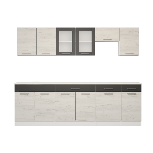 Set mobilier bucatarie ECO № 11, 12 usi, 3 sertar, 250х198х60 cm, Alb, Stejar kraft alb, Grafit