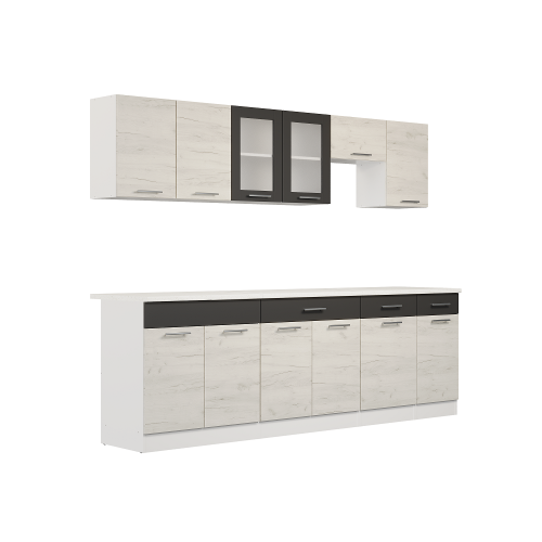 Set mobilier bucatarie ECO № 11, 12 usi, 3 sertar, 250х198х60 cm, Alb, Stejar kraft alb, Grafit
