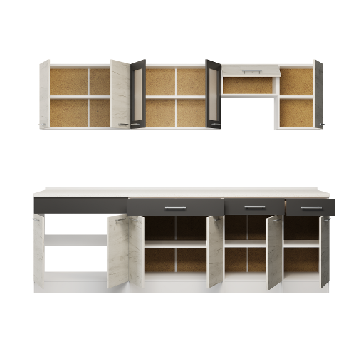 Set mobilier bucatarie ECO № 11, 12 usi, 3 sertar, 250х198х60 cm, Alb, Stejar kraft alb, Grafit
