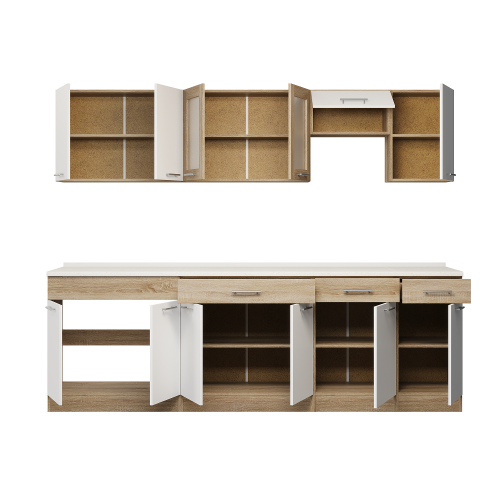 Set mobilier bucatarie ECO № 11, 12 usi, 3 sertar, 250х198х60 cm, Stejar Sonoma, Alb