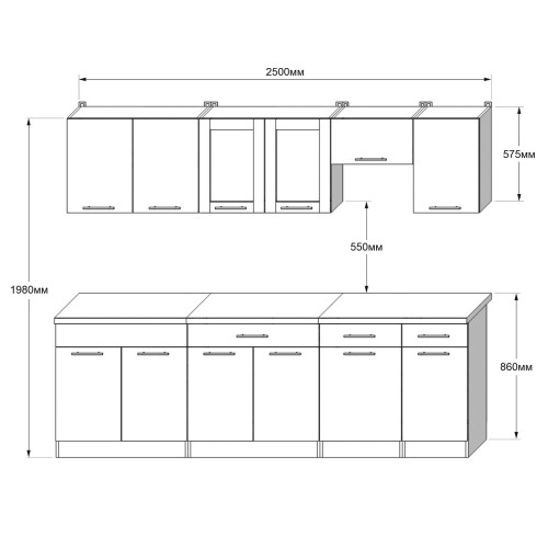 Set mobilier bucatarie ECO № 11, 12 usi, 3 sertar, 250х198х60 cm, Alb, Stejar kraft alb, Grafit