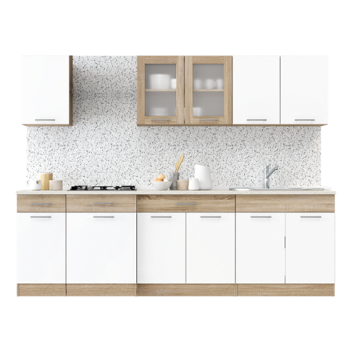 Set mobilier bucatarie ECO № 12, 11 usi, 3 sertar, 250х198х60 cm, Stejar Sonoma, Alb