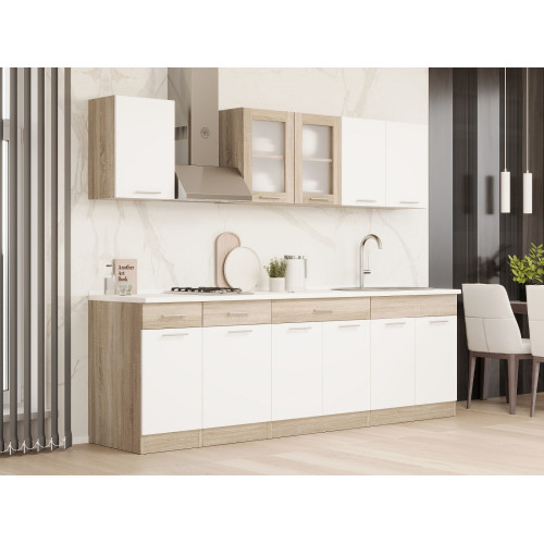 Set mobilier bucatarie ECO № 12, 11 usi, 3 sertar, 250х198х60 cm, Stejar Sonoma, Alb
