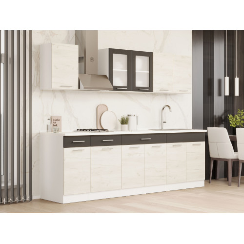 Set mobilier bucatarie ECO № 12, 11 usi, 3 sertar, 250х198х60 cm, Alb, Stejar kraft alb, Grafit