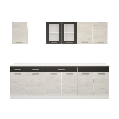 Set mobilier bucatarie ECO № 12, 11 usi, 3 sertar, 250х198х60 cm, Alb, Stejar kraft alb, Grafit