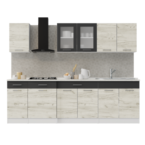 Set mobilier bucatarie ECO № 12, 11 usi, 3 sertar, 250х198х60 cm, Alb, Stejar kraft alb, Grafit