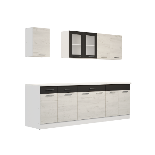Set mobilier bucatarie ECO № 12, 11 usi, 3 sertar, 250х198х60 cm, Alb, Stejar kraft alb, Grafit