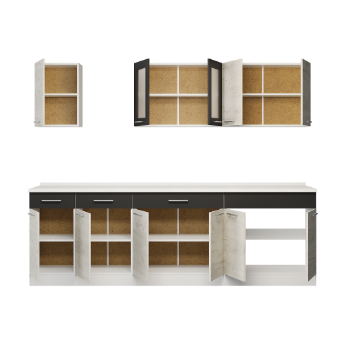 Set mobilier bucatarie ECO № 12, 11 usi, 3 sertar, 250х198х60 cm, Alb, Stejar kraft alb, Grafit