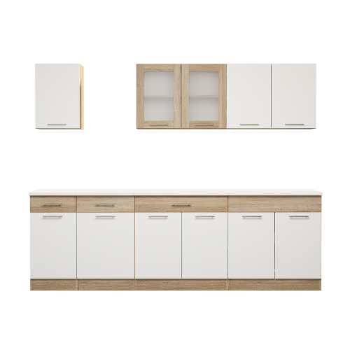 Set mobilier bucatarie ECO № 12, 11 usi, 3 sertar, 250х198х60 cm, Stejar Sonoma, Alb
