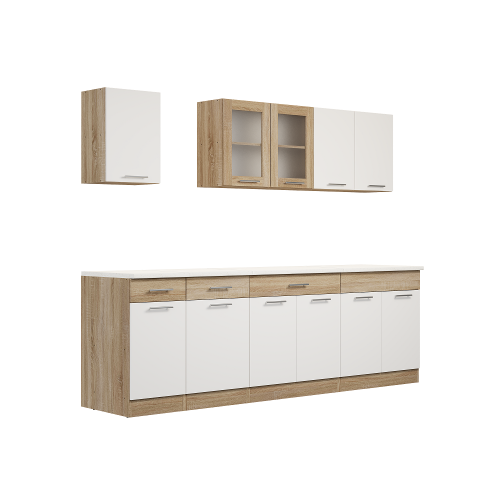Set mobilier bucatarie ECO № 12, 11 usi, 3 sertar, 250х198х60 cm, Stejar Sonoma, Alb