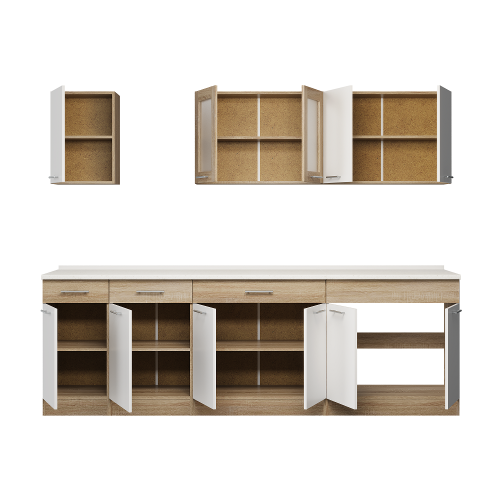 Set mobilier bucatarie ECO № 12, 11 usi, 3 sertar, 250х198х60 cm, Stejar Sonoma, Alb