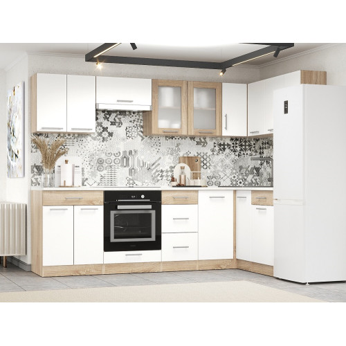 Set mobilier bucatarie ECO № 2, 14 usi, 5 sertar, 260/140х198х60 cm, Stejar Sonoma, Alb