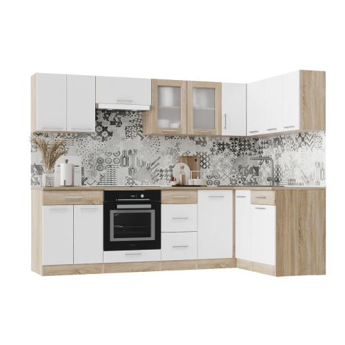 Set mobilier bucatarie ECO № 2, 14 usi, 5 sertar, 260/140х198х60 cm, Stejar Sonoma, Alb