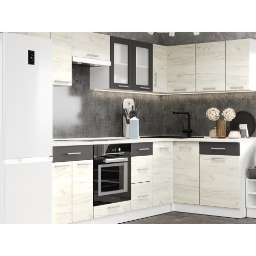 Set mobilier bucatarie ECO № 2, 14 usi, 5 sertar, 260/140х198х60 cm, Alb, Stejar kraft alb, Grafit