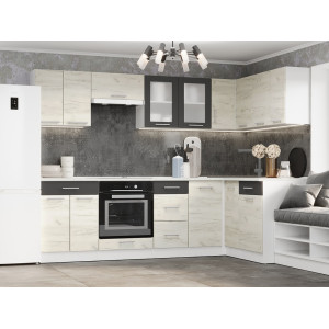 Set mobilier bucatarie ECO № 2, 14 usi, 5 sertar, 260/140х198х60 cm, Alb, Stejar kraft alb, Grafit