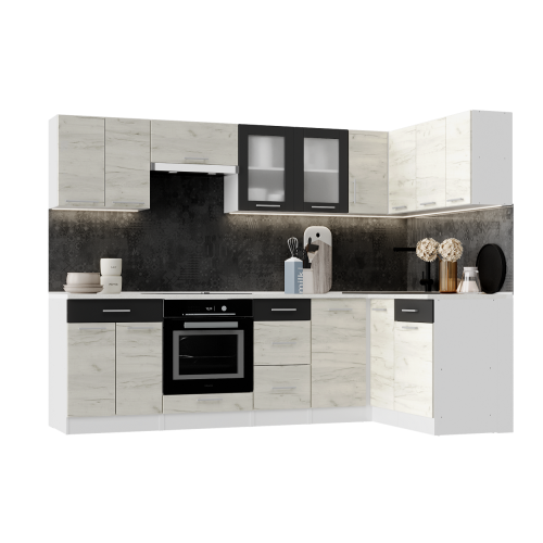 Set mobilier bucatarie ECO № 2, 14 usi, 5 sertar, 260/140х198х60 cm, Alb, Stejar kraft alb, Grafit