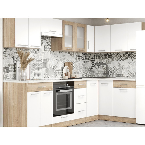 Set mobilier bucatarie ECO № 2, 14 usi, 5 sertar, 260/140х198х60 cm, Stejar Sonoma, Alb