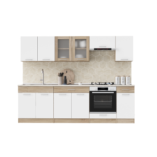 Set mobilier bucatarie ECO № 5, 12 usi, 2 sertar, 260х198х60 cm, Stejar Sonoma, Alb