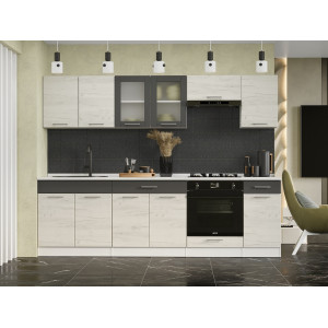 Set mobilier bucatarie ECO № 5, 12 usi, 2 sertare, 260х198х60 cm, Alb, Stejar kraft alb, Grafit