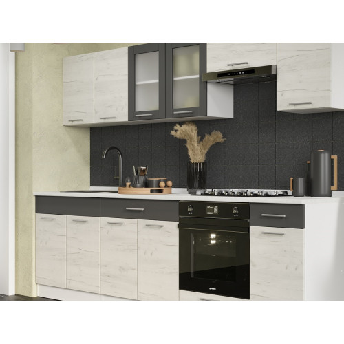 Set mobilier bucatarie ECO № 5, 12 usi, 2 sertare, 260х198х60 cm, Alb, Stejar kraft alb, Grafit
