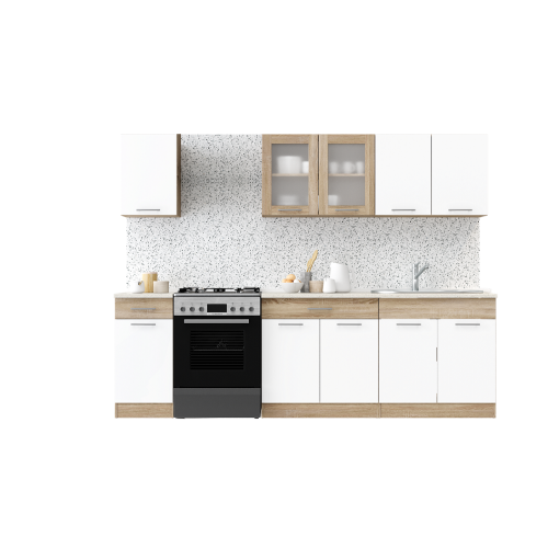 Set mobilier bucatarie ECO № 6, 10 usi, 2 sertar, 250-260х198х60 cm, Stejar Sonoma, Alb