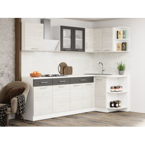 Set mobilier bucatarie ECO № 7, 11 usi, 3 sertar, 240/118х198х60 cm, Alb, Stejar kraft alb, Grafit