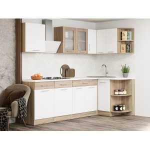 Set mobilier bucatarie ECO № 7, 11 usi, 3 sertar, 240/118х198х60 cm, Stejar Sonoma, Alb
