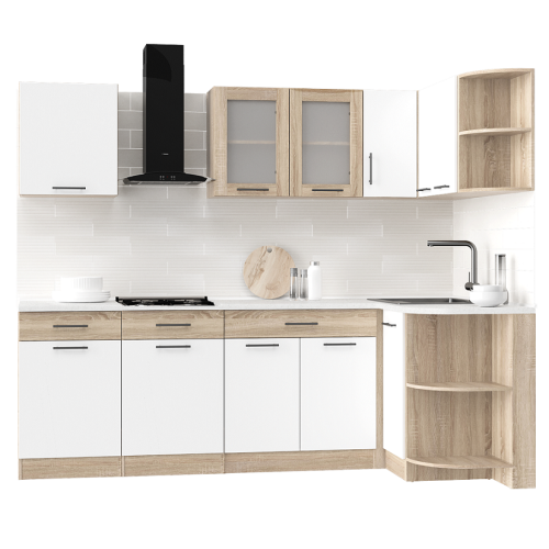 Set mobilier bucatarie ECO № 7, 11 usi, 3 sertar, 240/118х198х60 cm, Stejar Sonoma, Alb