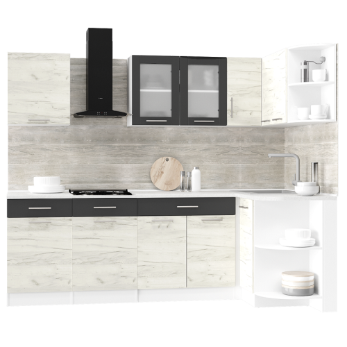 Set mobilier bucatarie ECO № 7, 11 usi, 3 sertar, 240/118х198х60 cm, Alb, Stejar kraft alb, Grafit
