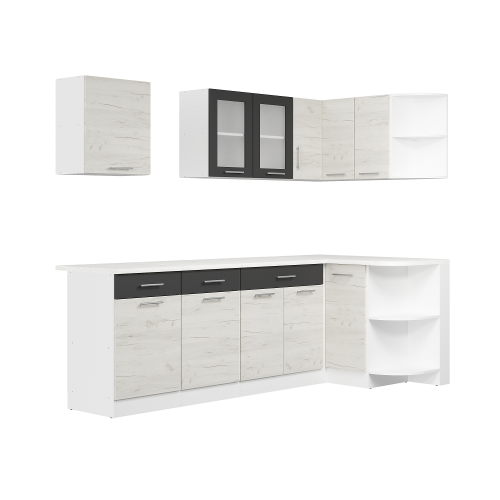 Set mobilier bucatarie ECO № 7, 11 usi, 3 sertar, 240/118х198х60 cm, Alb, Stejar kraft alb, Grafit
